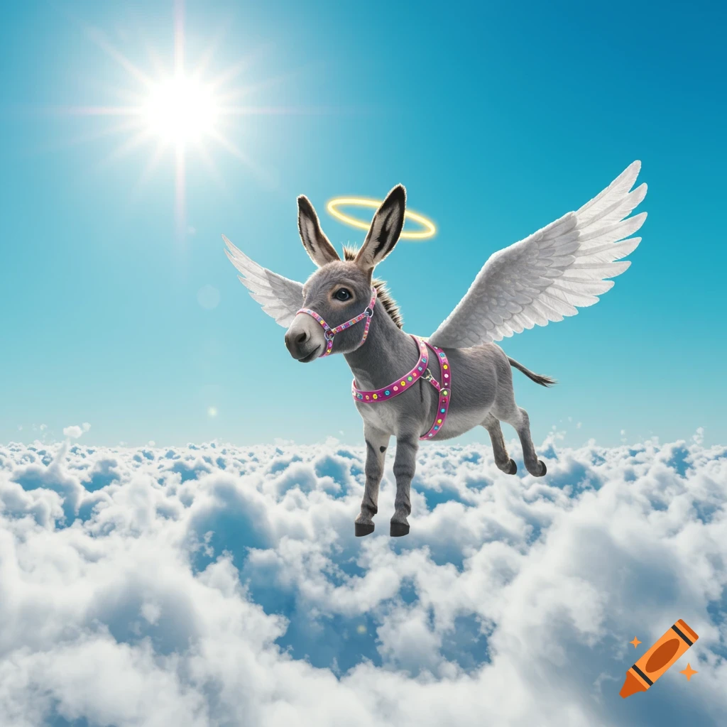 A photorealistic gray donkey with white wings and a golden halo, wearing a pink harness, flies above clouds in a blue sky with a bright sun.