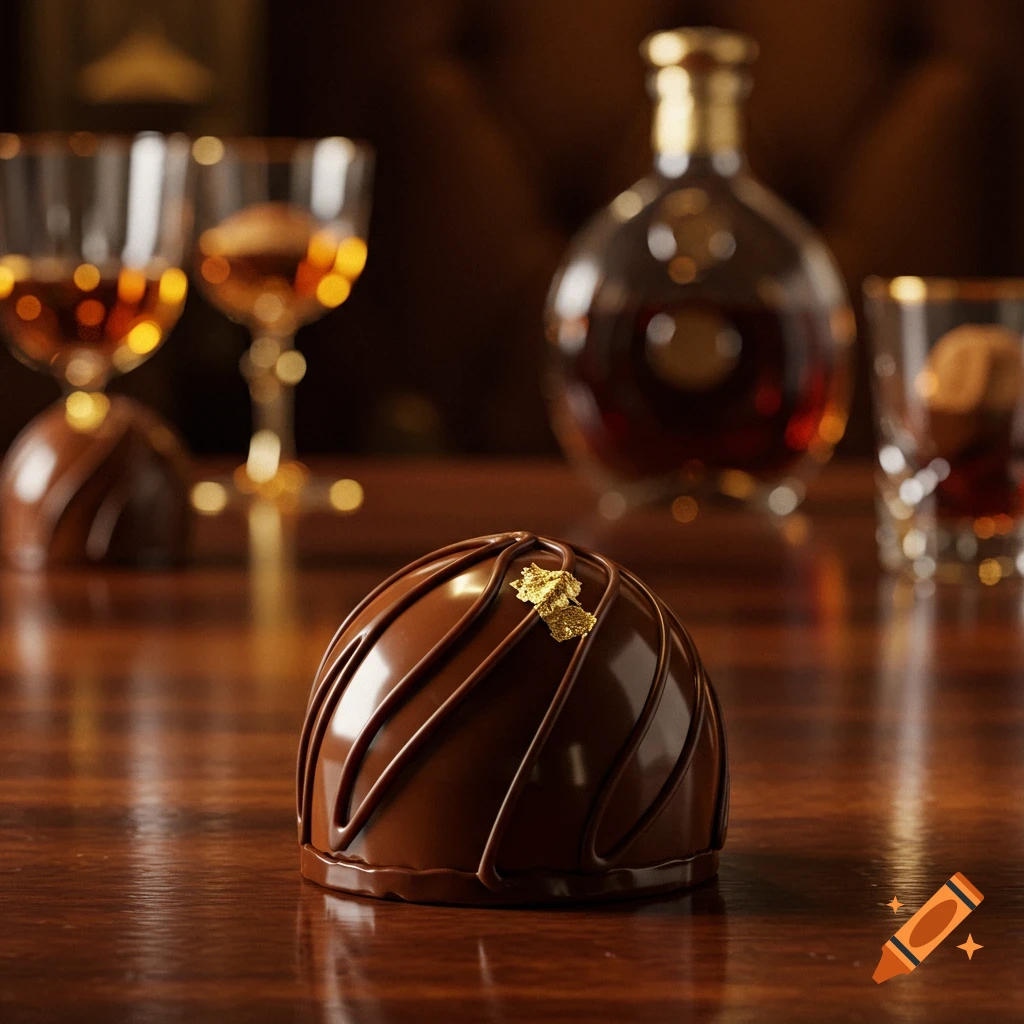A gourmet chocolate truffle with gold leaf on a wooden table, with blurred glasses of cognac and a bottle in the background.