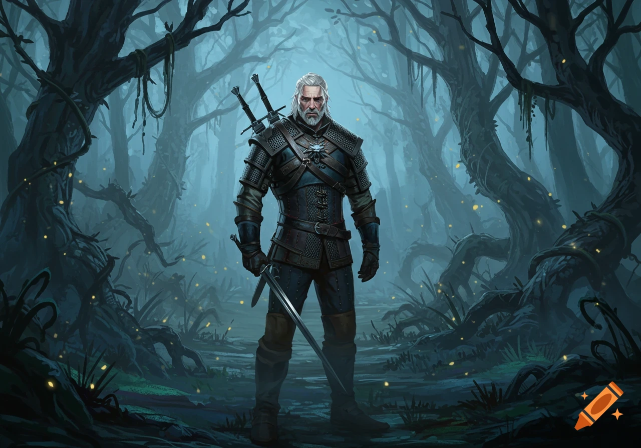 Geralt of Rivia in full armor with swords, standing in a dark, misty forest, fantasy illustration.
