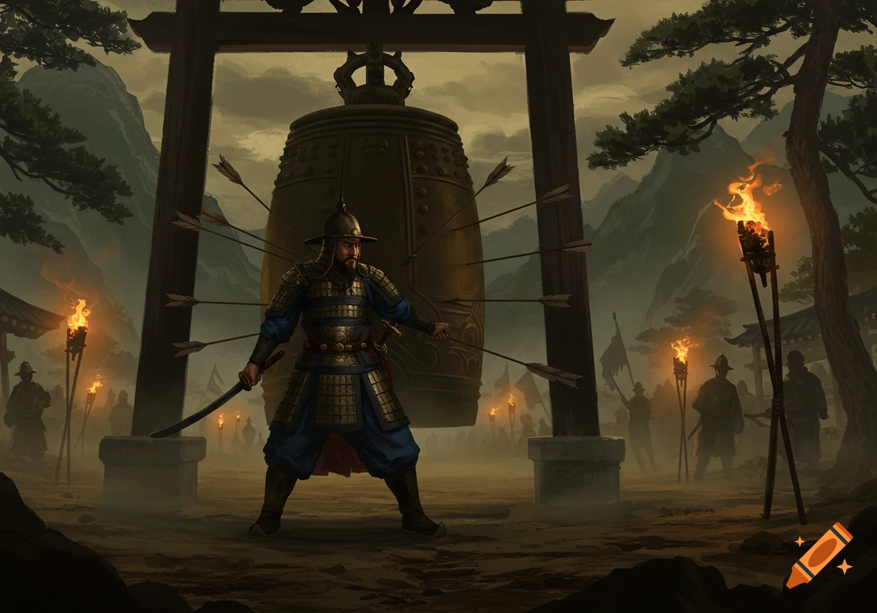A Korean general in armor stands with a sword before a large temple bell pierced by arrows, lit by torches on a misty night.