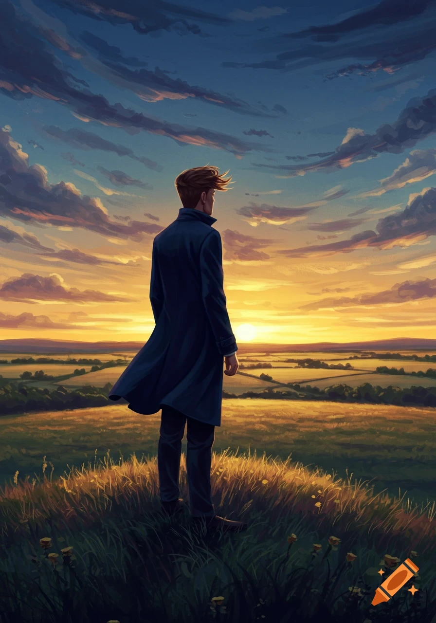 An illustrated man in a dark coat stands on a grassy hill, looking out at a golden sunset over a vast rural landscape.