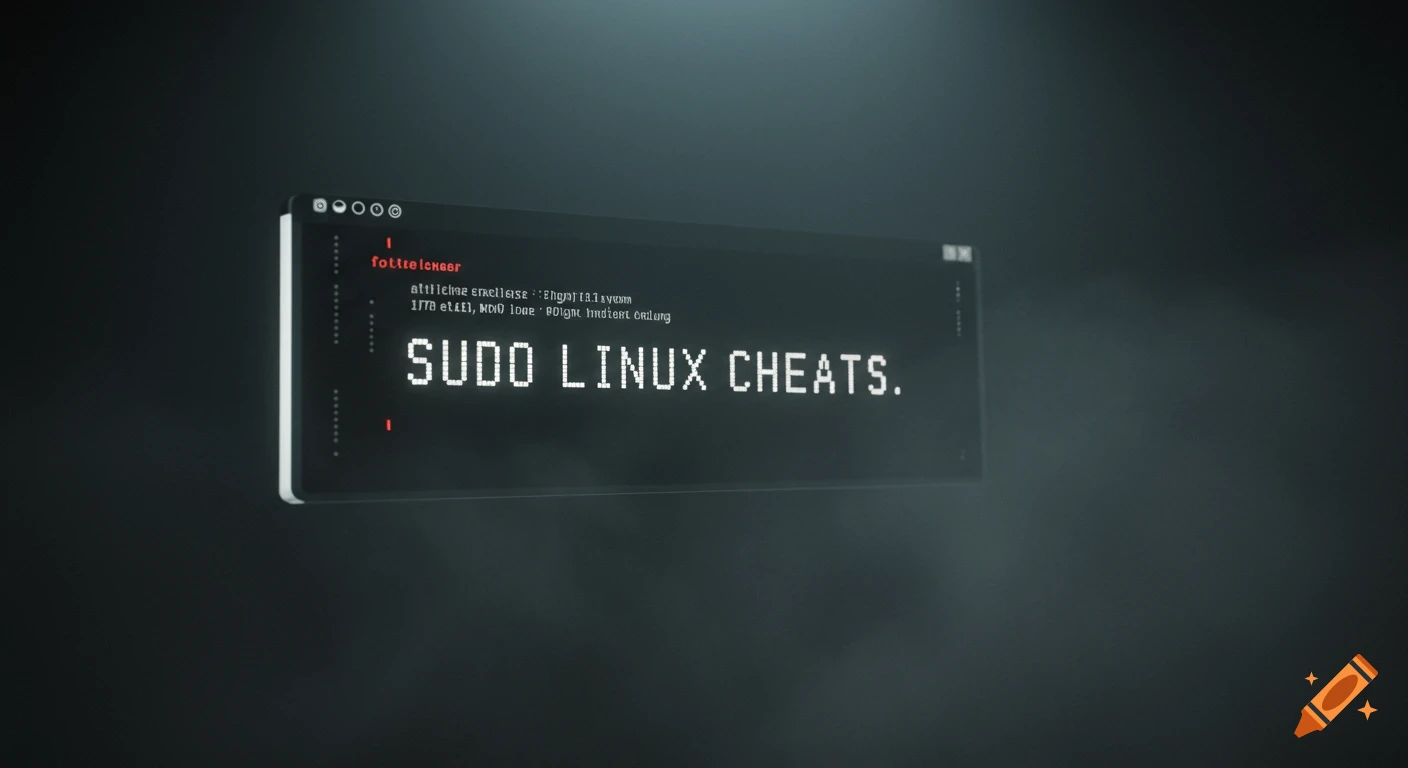 A dark terminal window with glowing pixelated white text reads "SUDO LINUX CHEATS." and other garbled commands on a dark background.