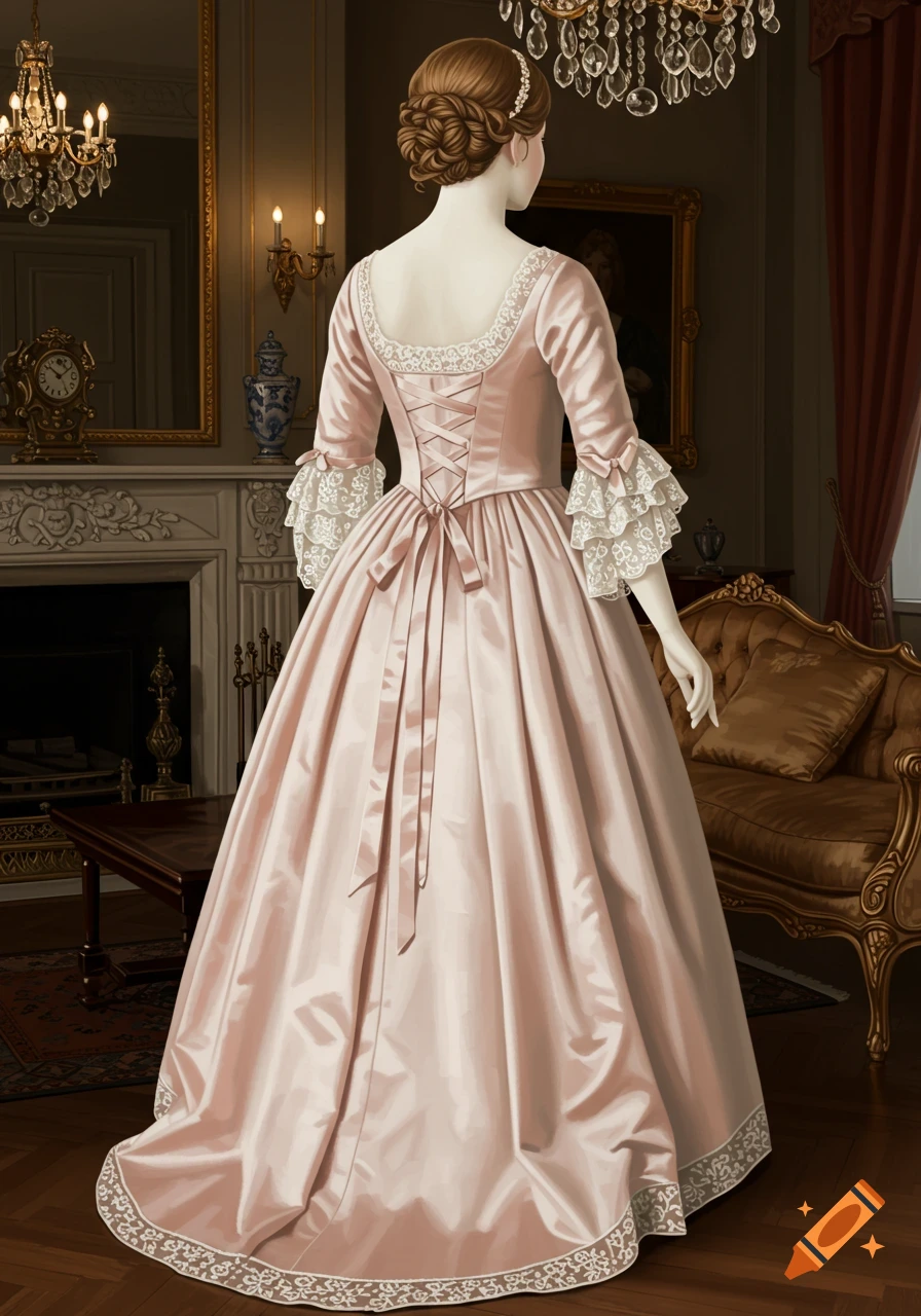 A woman in a pink 19th-century gown with a laced back stands in a luxurious room with a fireplace and chandelier.