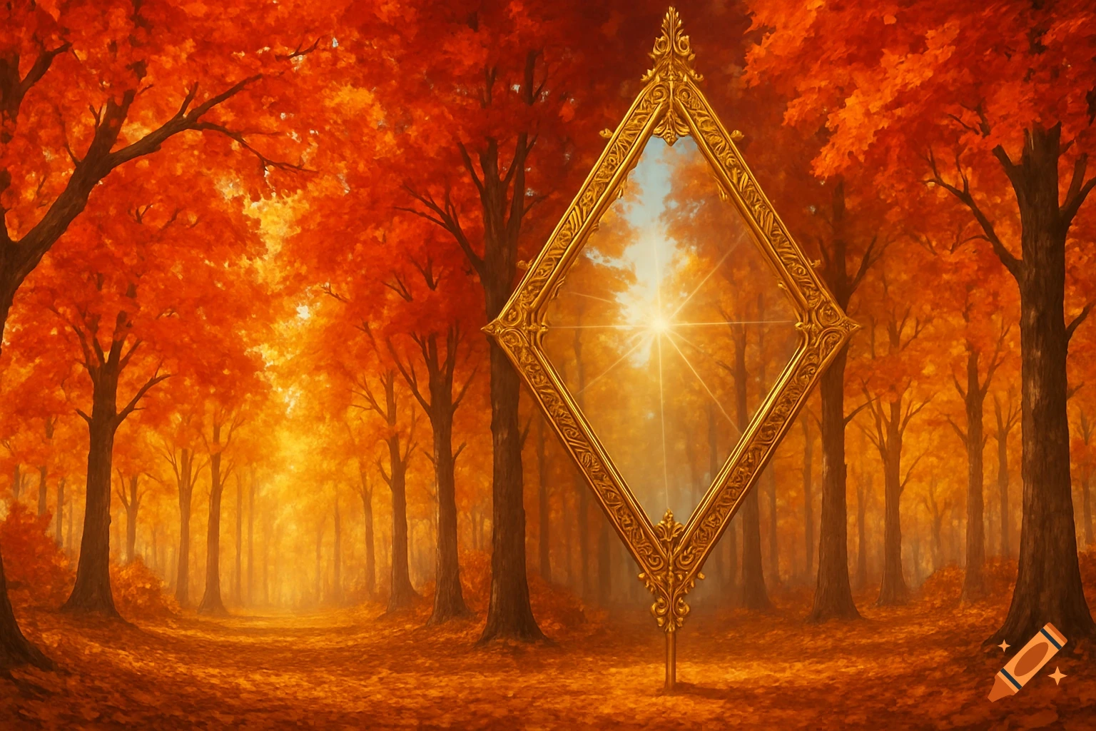A vibrant autumn forest scene with red and orange trees, featuring a golden, diamond-shaped mirror reflecting a bright, sunny sky.