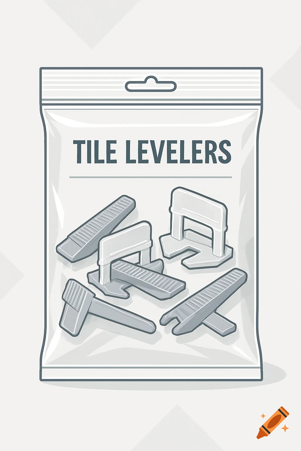 An illustration of a clear package containing various gray tile levelers, labeled 'TILE LEVELERS'.