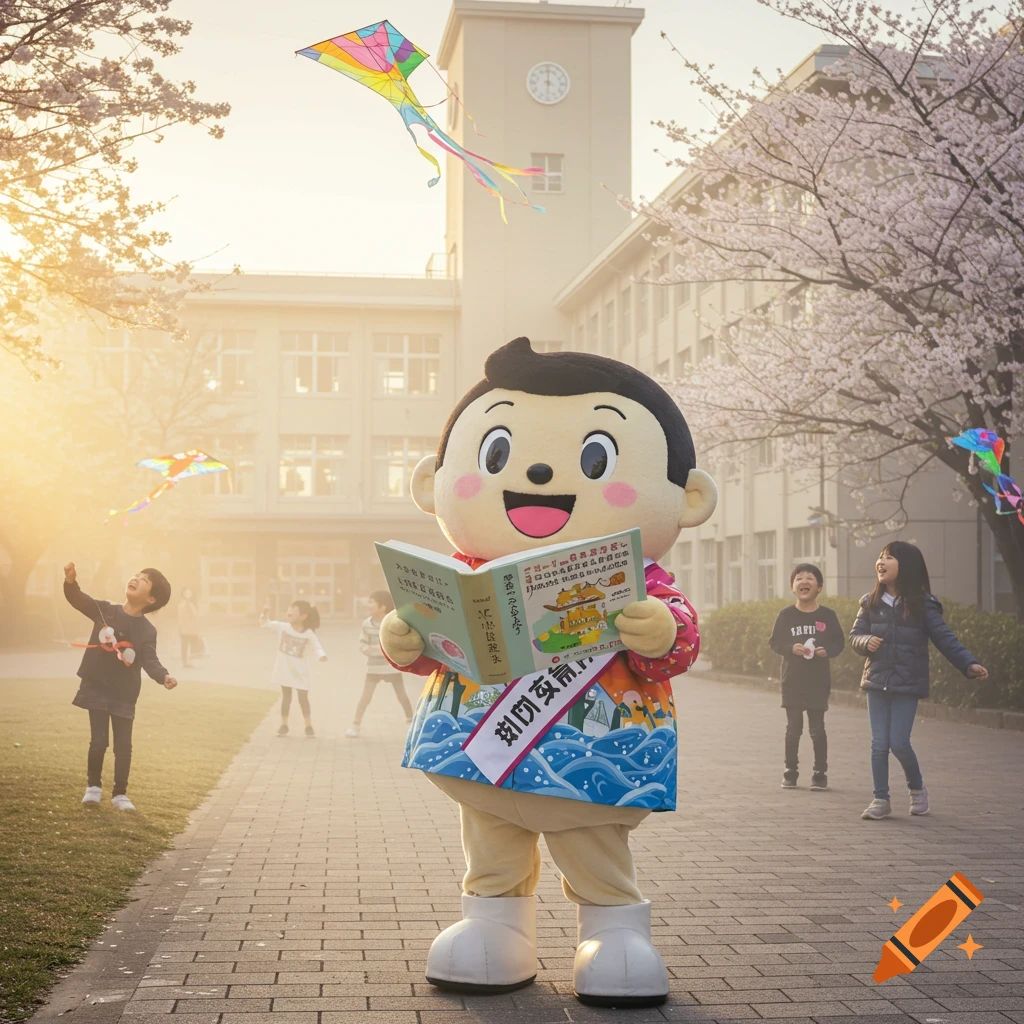 A large, friendly-looking Japanese mascot reads a book in front of a school building with cherry blossoms and flying kites, while children play in the background during golden hour.