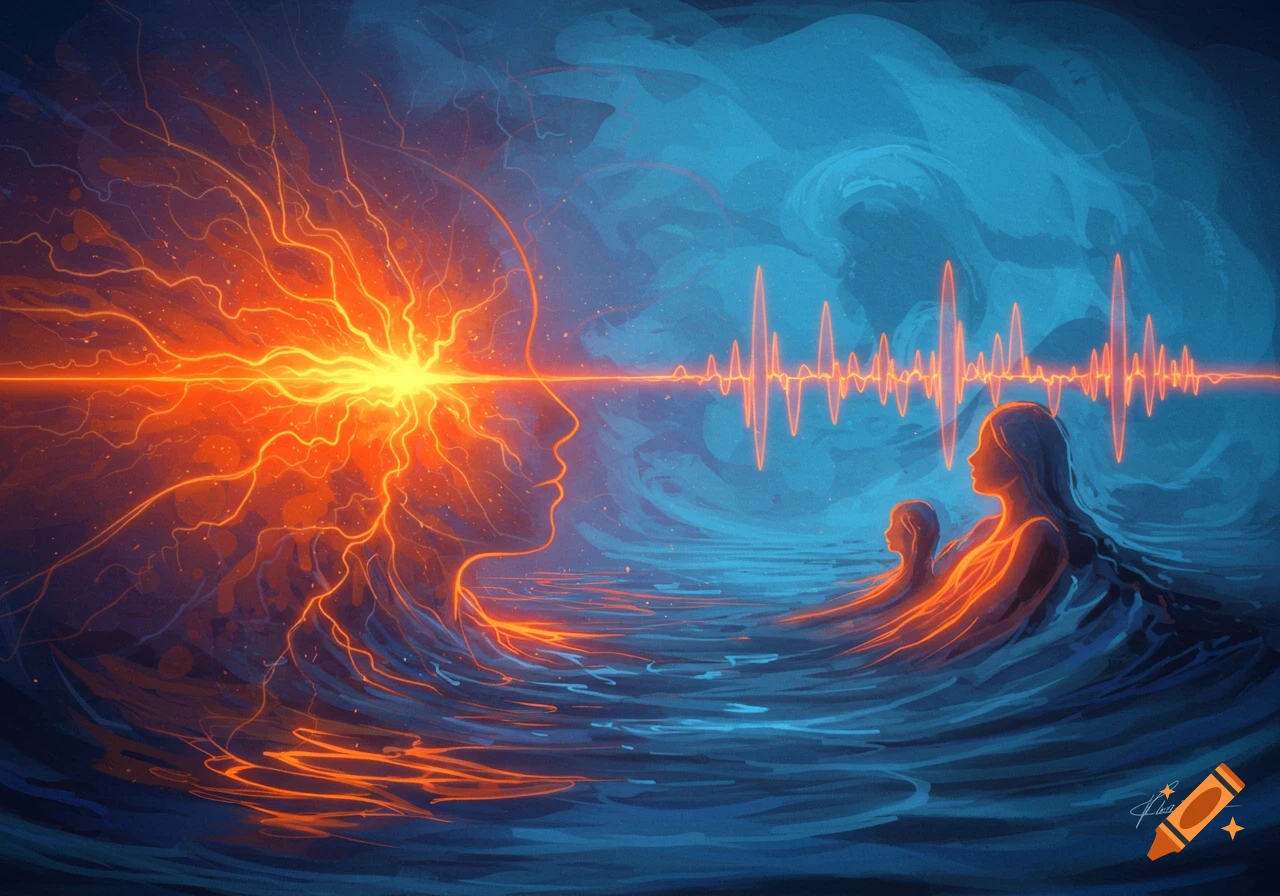 An abstract digital painting showing a glowing orange profile with energy rays and sound waves connecting to two blue figures in water, representing inner strength and connection.