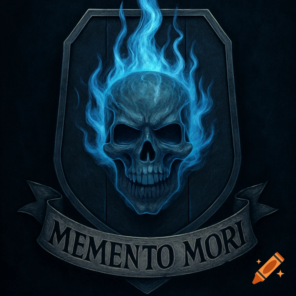 A stylized blue flaming skull centered on a dark shield, with a banner below it reading 'MEMENTO MORI' against a dark background.