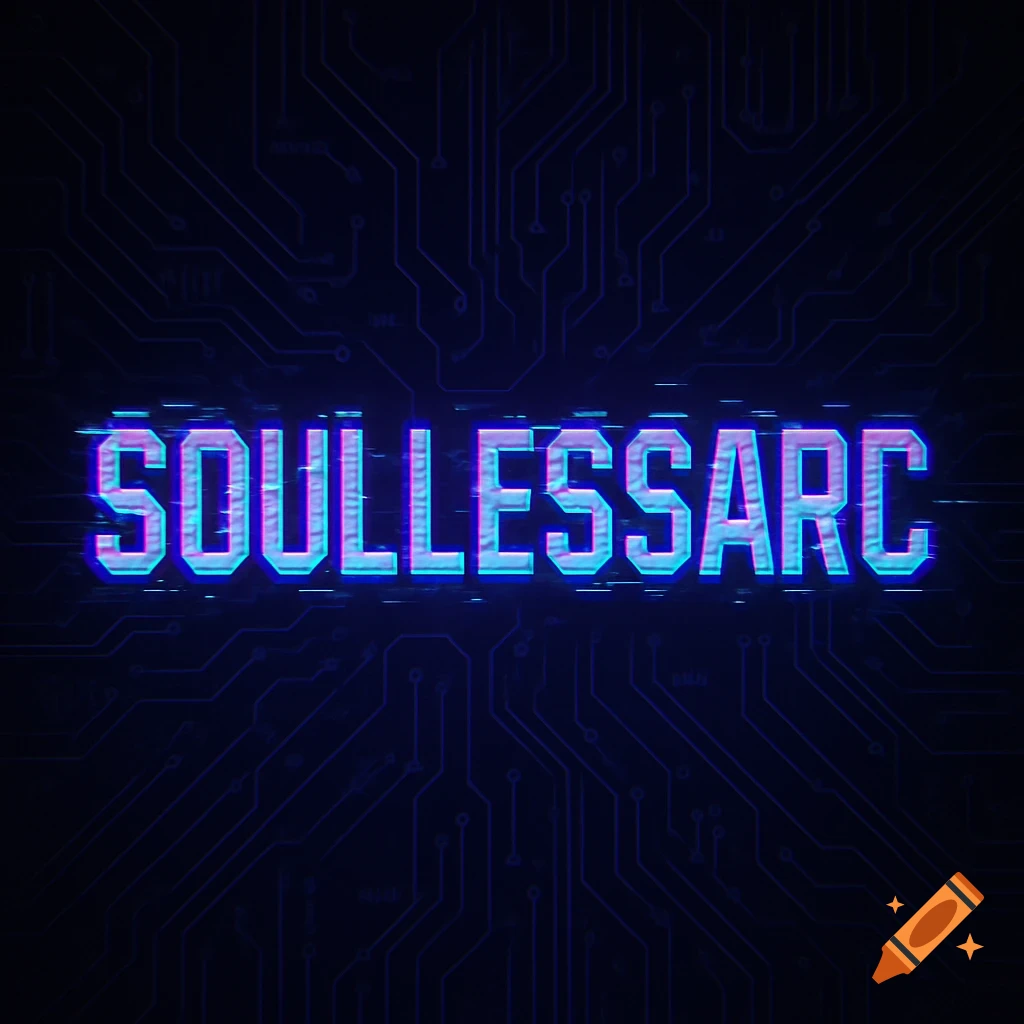 Cyberpunk-style logo for 'SOULLESSARC' with neon purple and electric blue glitch text on a dark circuit board background.