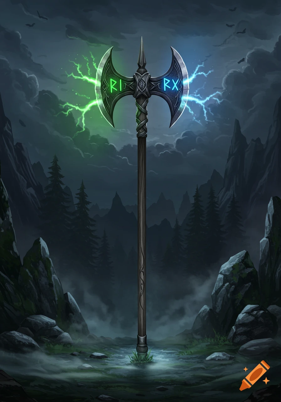 A double-bladed axe with glowing green 'RI' and blue 'RX' symbols, emanating lightning, stands in a dark, misty fantasy forest.