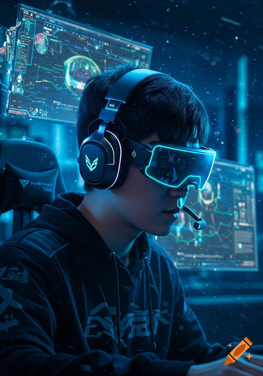 A young person wearing a gaming headset and VR glasses, looking at futuristic screens in a dimly lit, neon-blue room.
