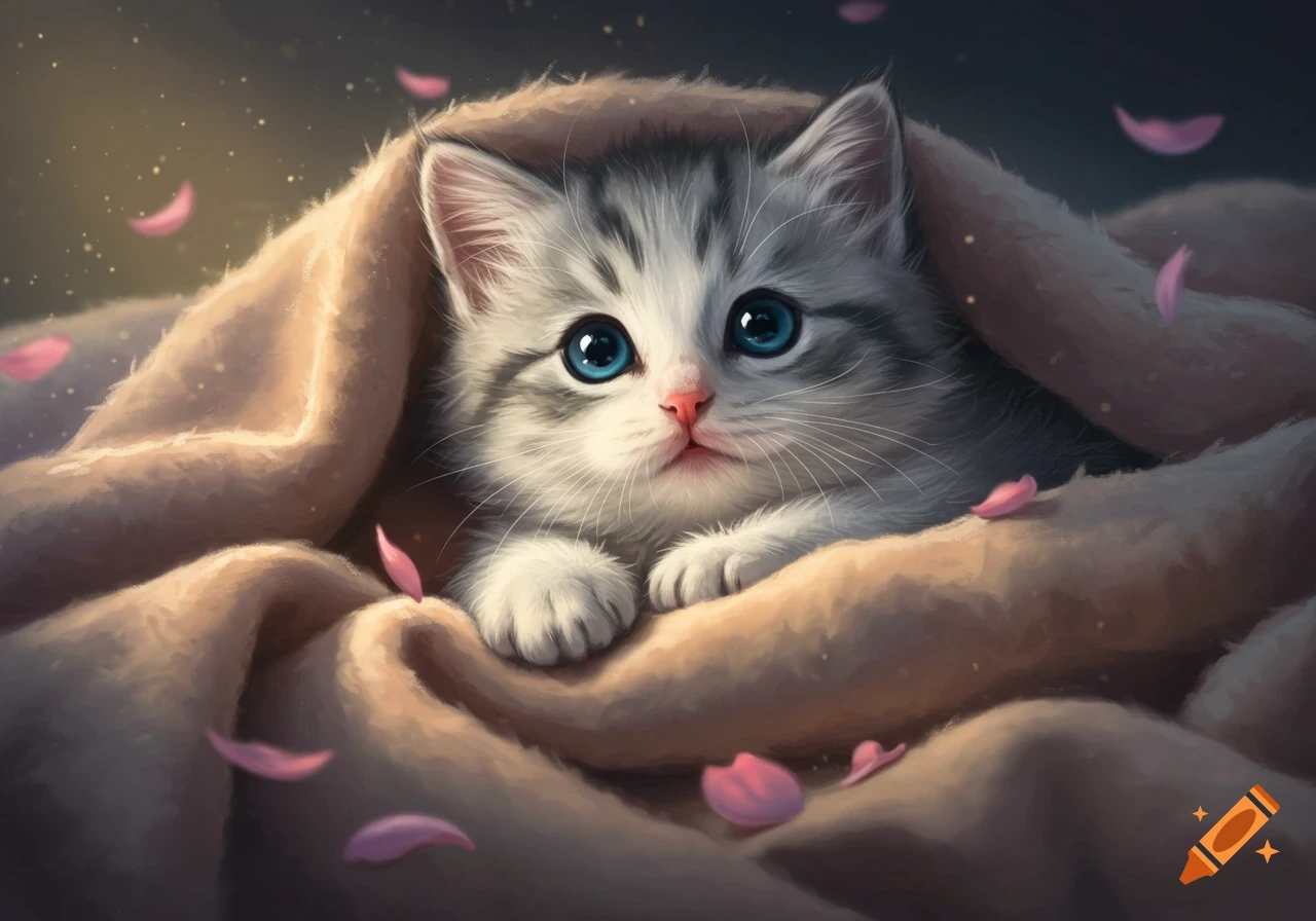 A fluffy grey and white kitten with wide blue eyes peeks out from under a soft beige blanket, surrounded by scattered pink petals.