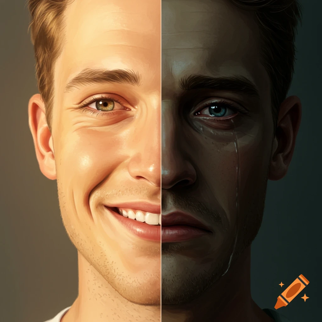 A realistic drawing of a man's face split down the middle, showing a happy, smiling left half and a sad, crying right half.