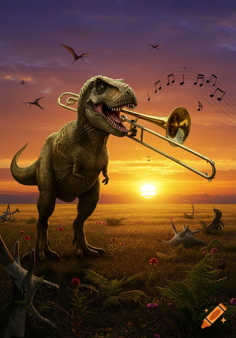 A Tyrannosaurus Rex plays a trombone in a grassy field at sunset, with pterodactyls flying in the orange sky.