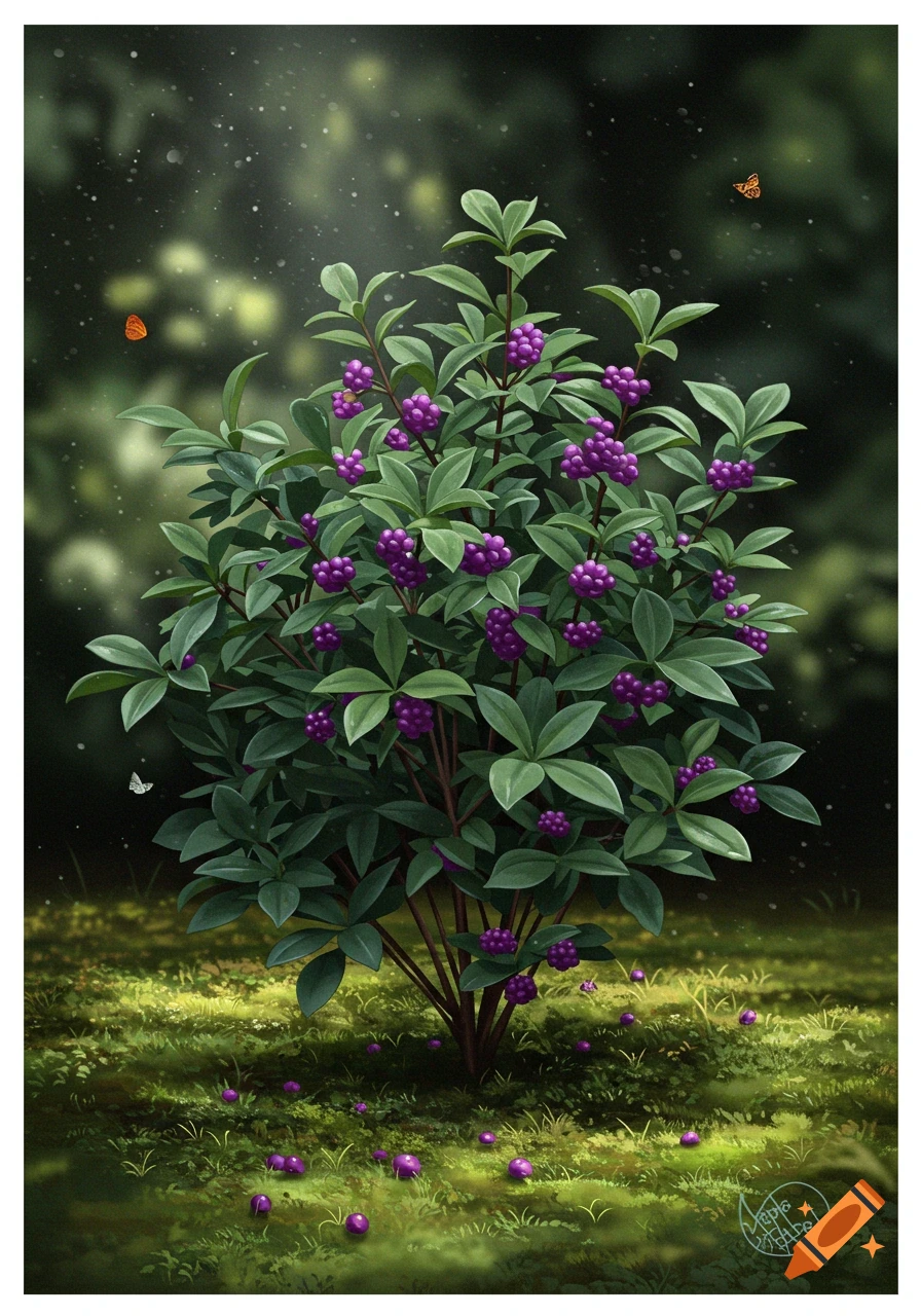 Illustration of a vibrant green bush with clusters of purple berries, surrounded by grass and two butterflies in a softly lit forest.