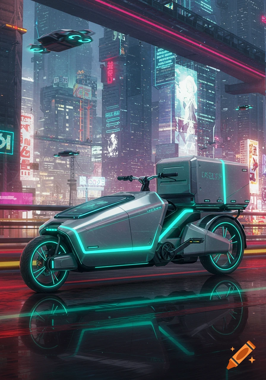 A futuristic cargo bike with neon blue lights parked on a wet street in a vibrant cyberpunk city at night.
