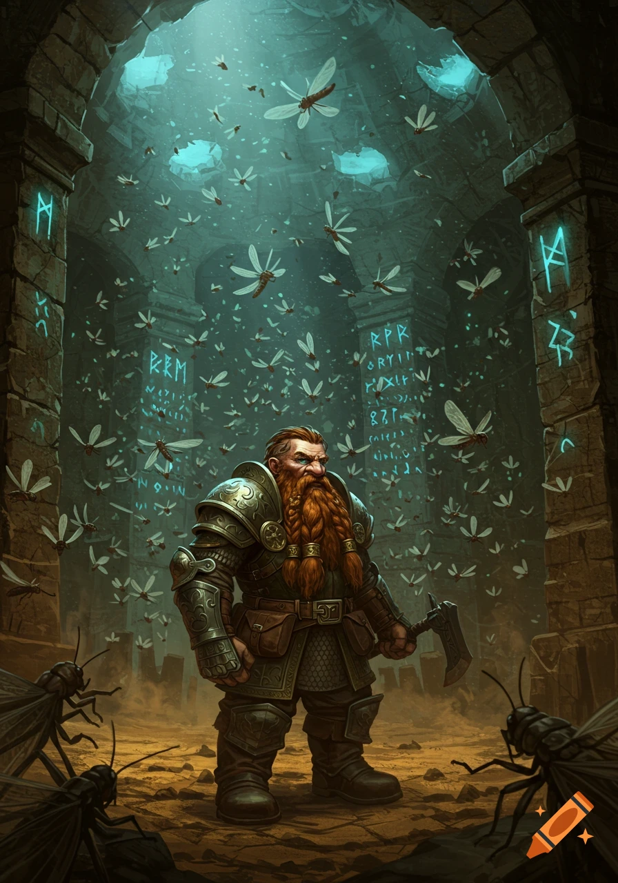 A muscular dwarf warrior in ornate armor and a braided beard stands in a dark, glowing catacomb filled with flying insects.