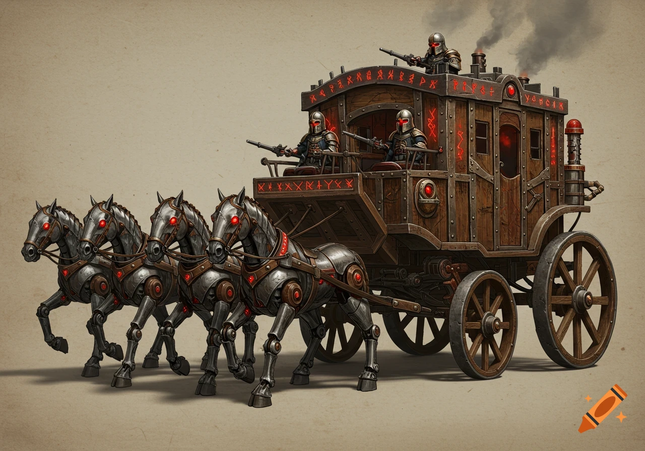A detailed fantasy illustration of a wooden Golem War Carriage with red glowing runes, pulled by four metallic mechanical horses with glowing red eyes, against a neutral background. Armored figures with guns ride the carriage.