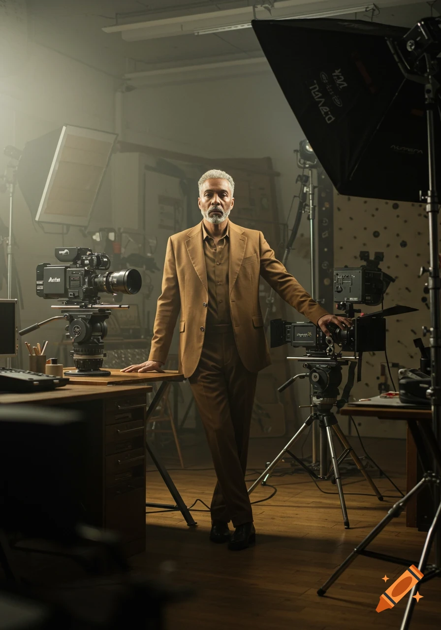 A stylish man in a brown suit stands in a hazy film studio, surrounded by professional cameras and dramatic lighting.