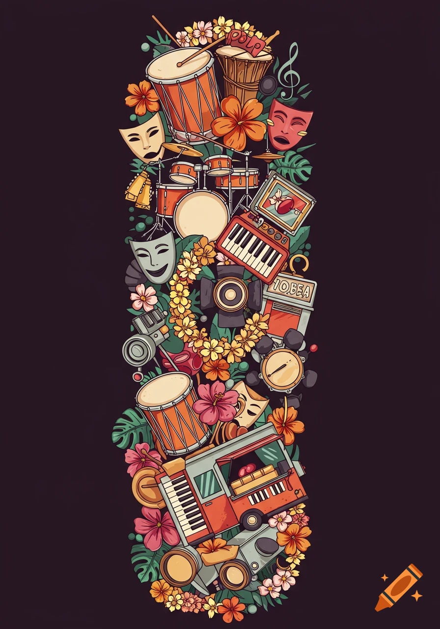 A colorful vector illustration of musical instruments, theater masks, tropical flowers, and a food truck arranged in a vertical column against a dark background.