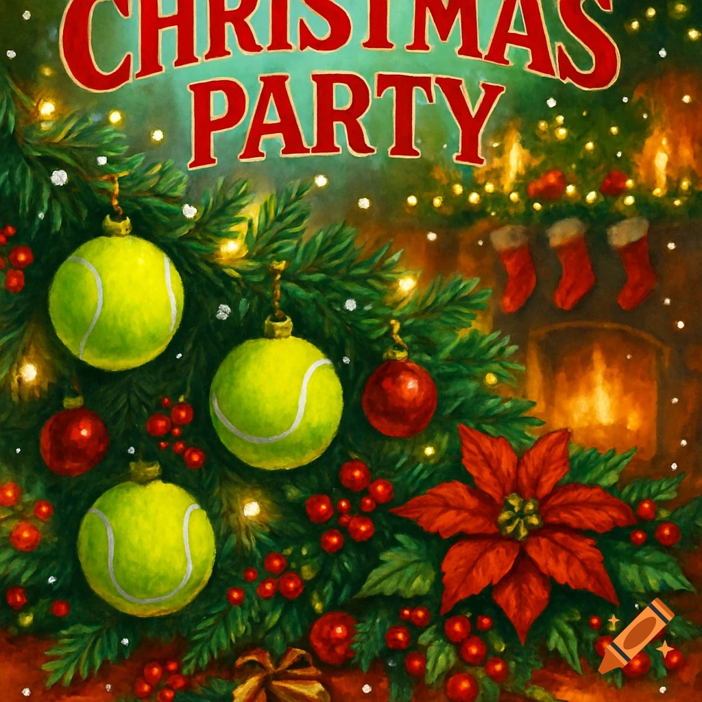 Painterly Christmas party invitation with a Christmas tree decorated with tennis ball ornaments, red baubles, and a poinsettia, with a fireplace in the background.