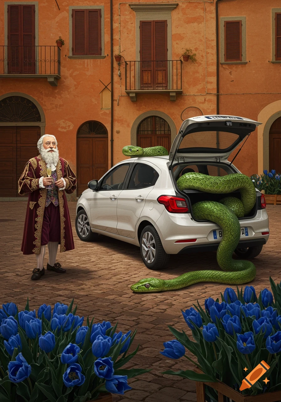 An old man in noble attire holding a champagne glass stands next to a white car with a giant green snake emerging from its trunk in an Italian town square.