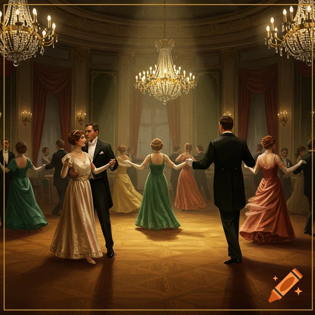 Elegant people in 1900s formal attire dance in a grand ballroom with sparkling chandeliers, rendered in an artistic style.