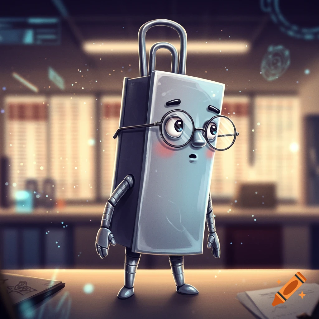 A surprised cartoon anthropomorphic paperclip character with glasses and robot limbs stands on a desk in an office.