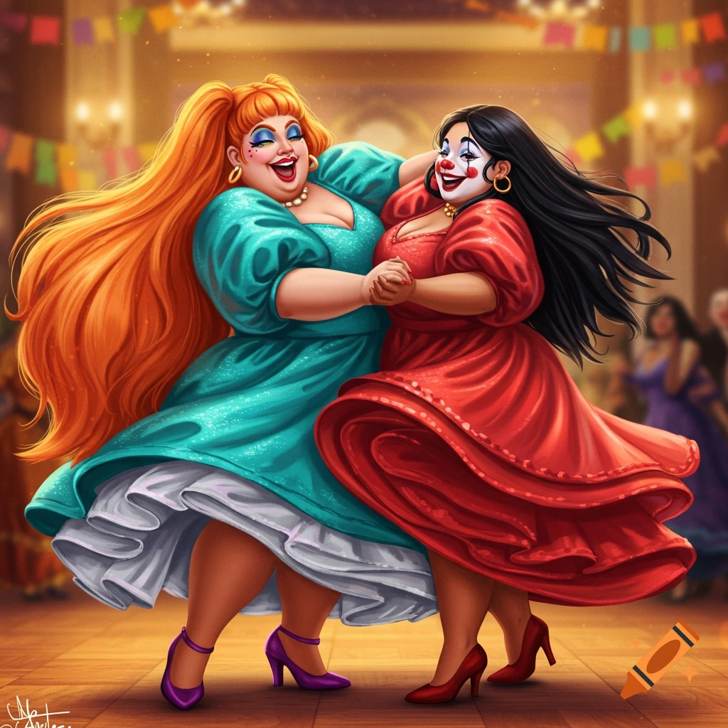 Vibrant illustration of two chubby women dancing in a festive ballroom. One has long orange hair and a teal dress, the other has long black hair, clown makeup, and a red dress.