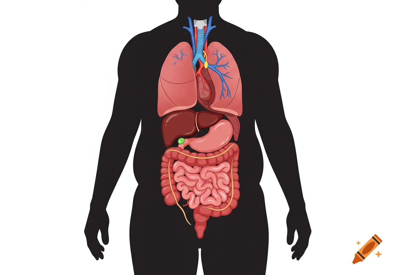 A vector illustration of an obese human silhouette showing internal organs including lungs, heart, liver, stomach, and intestines.