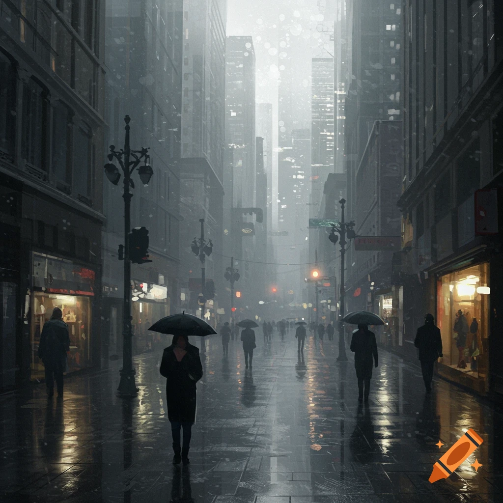 A dark, gloomy cityscape during a heavy rain, with people walking along the wet pavements under umbrellas, tall buildings in the misty background.