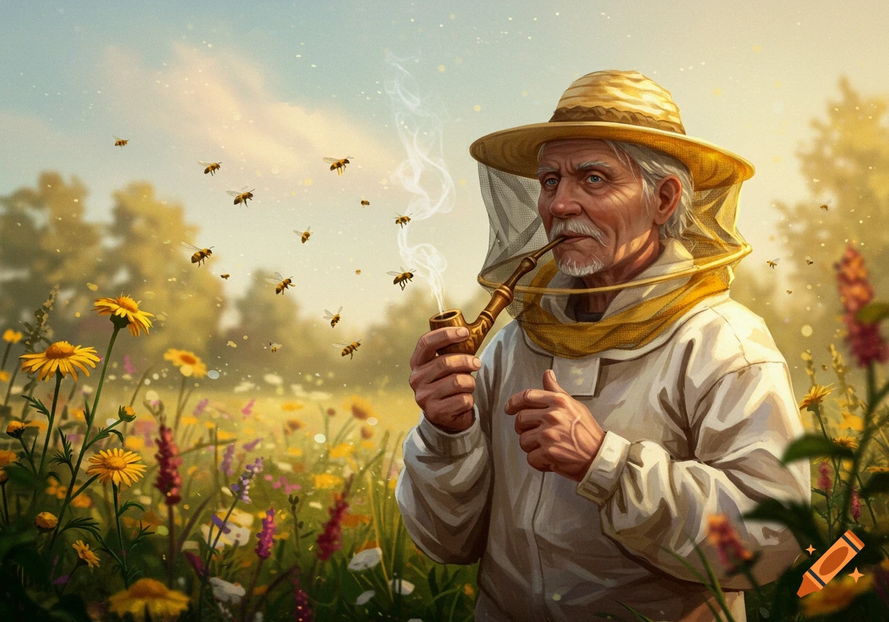 An elderly beekeeper with a hat and veil smokes a pipe amidst a vibrant field of yellow and purple flowers, surrounded by flying bees.
