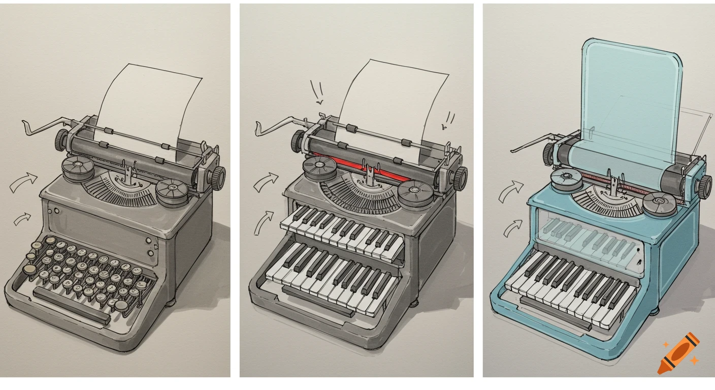 A three-panel hand-drawn sketch illustrates a typewriter transforming. First, a standard typewriter. Second, its keys are replaced with piano keys. Third, the body is blue, and the paper holder is a transparent screen, creating a musical device.