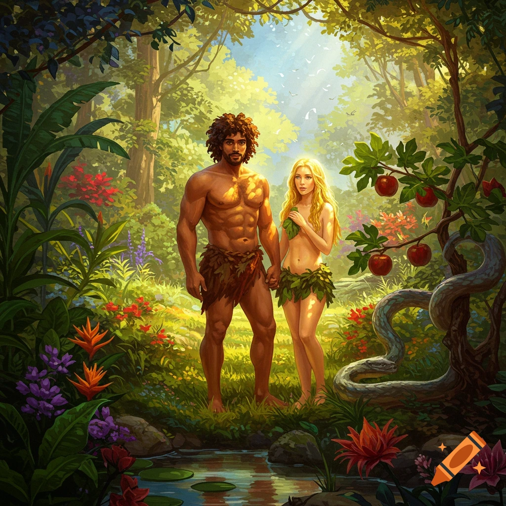 Adam and Eve holding hands in a lush, vibrant Garden of Eden with a serpent coiled near a tree full of red apples.