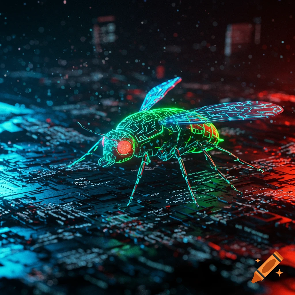 A glowing green and red circuit board-patterned insect stands on a dark, intricate digital landscape with neon lights.