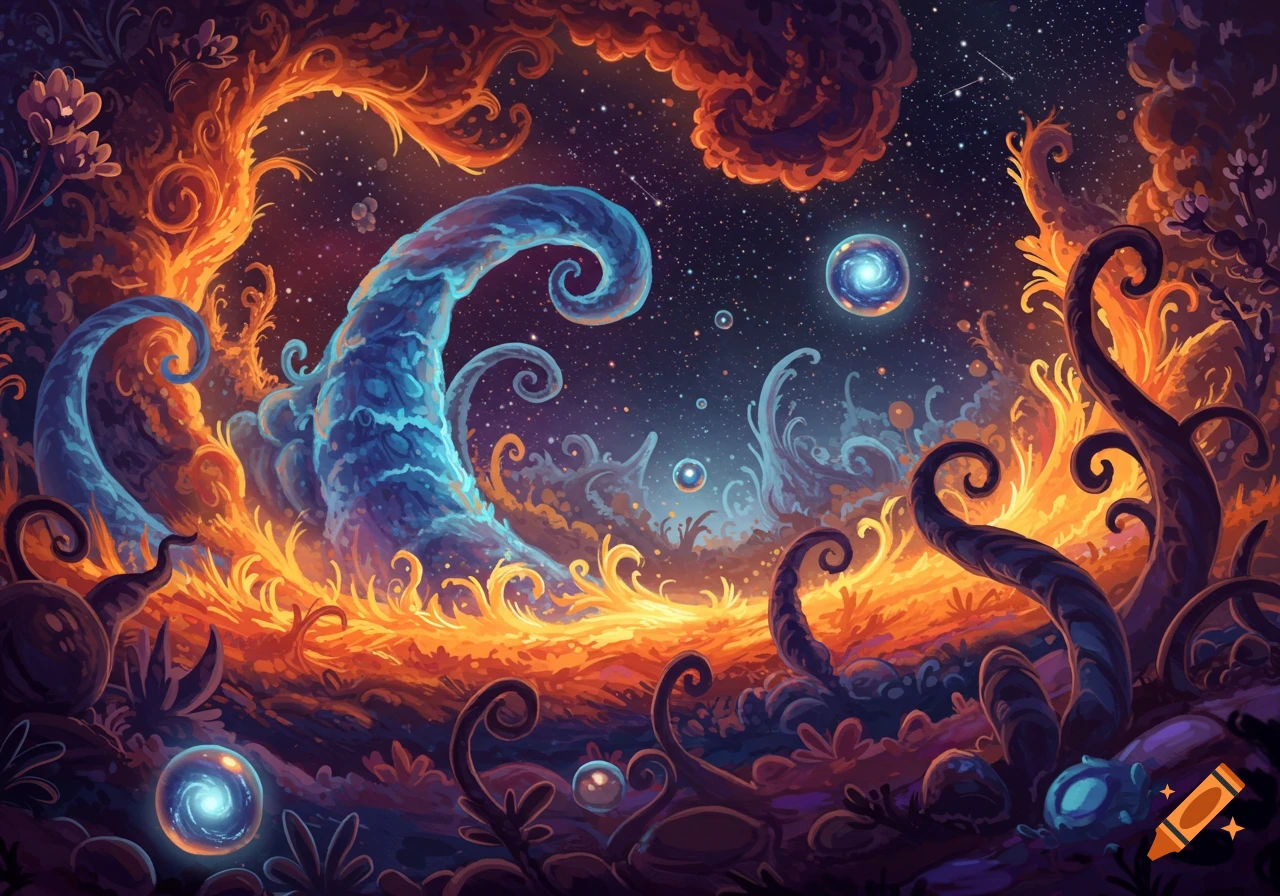 Vibrant fantasy alien landscape with glowing blue organic forms, fiery orange plants, and starry cosmic sky.