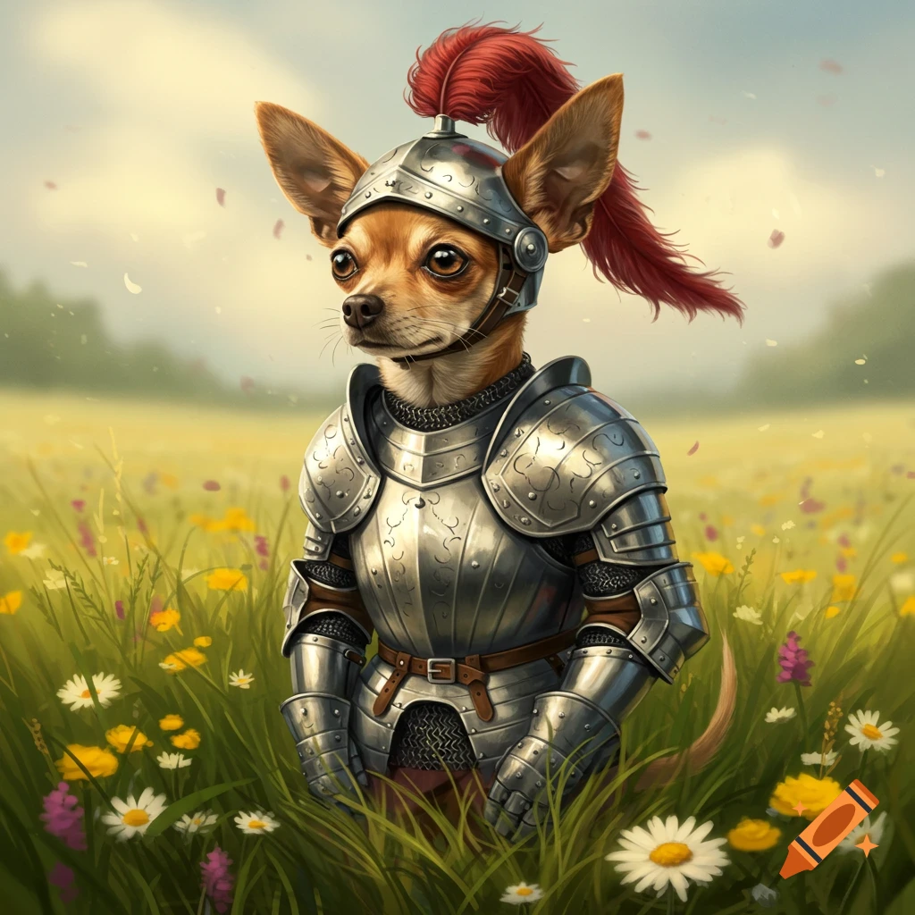 A cute chihuahua wearing a full suit of shining knight armor with a red plume, standing in a vibrant field of wildflowers.