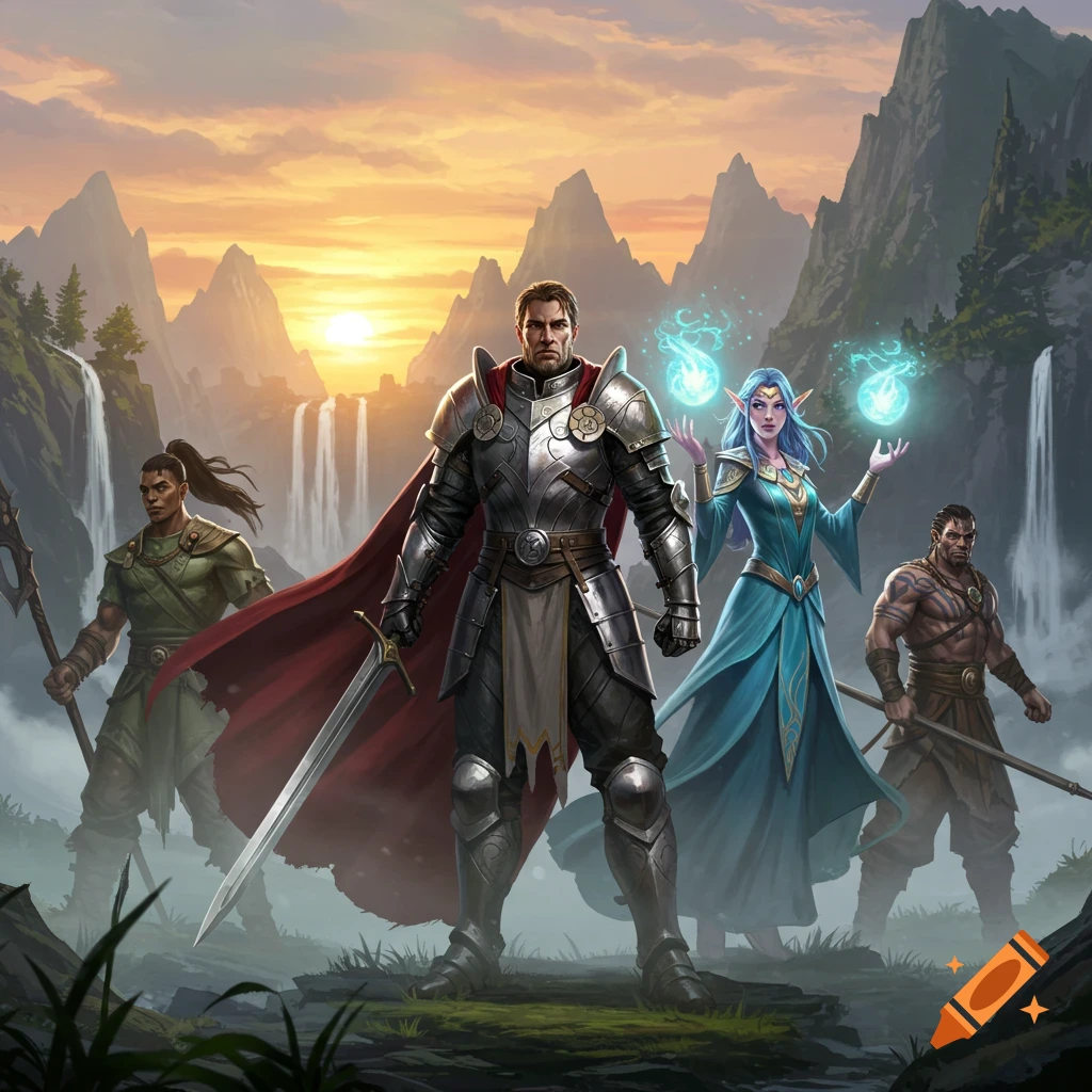 Four fantasy heroes, a knight, an elf mage, and two warriors, stand before waterfalls and mountains at sunset.