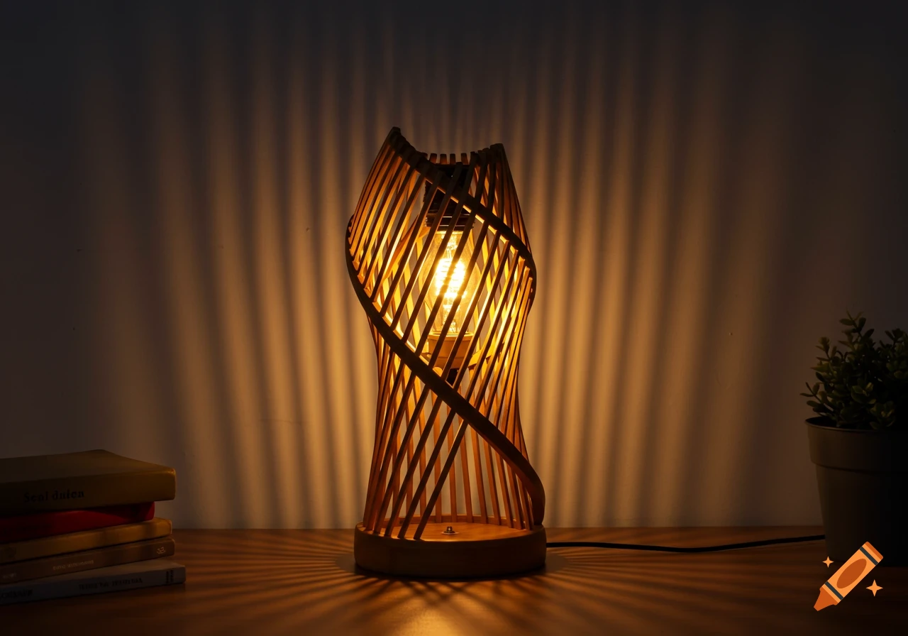 A glowing, spiral bamboo desk lamp casts striped shadows on a wall, next to a stack of books and a small potted plant.