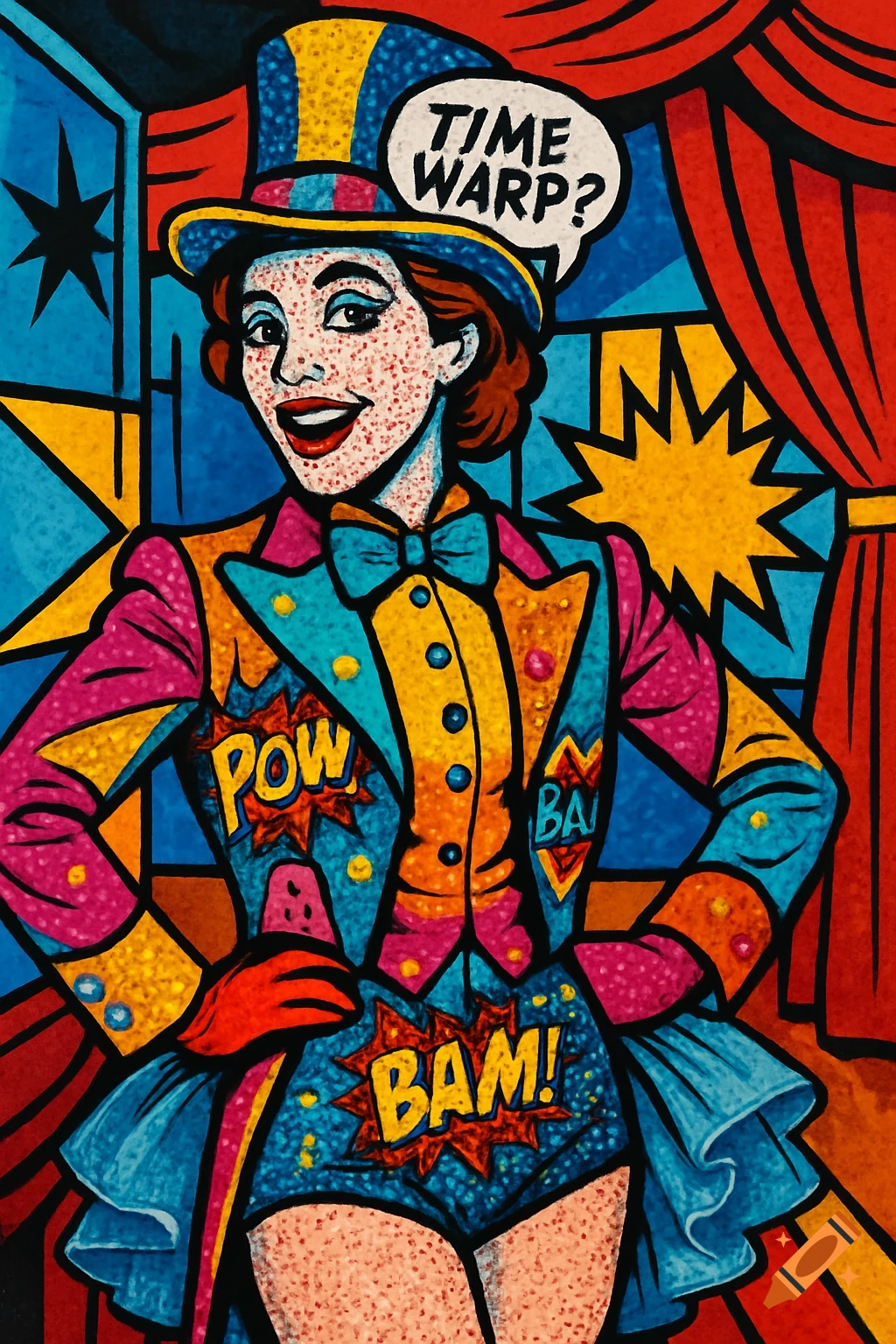 A pop art style illustration of a woman in a colorful top hat and a sequined, segmented suit saying "TIME WARP?" in a speech bubble, with "POW!" and "BAM!" on her costume.