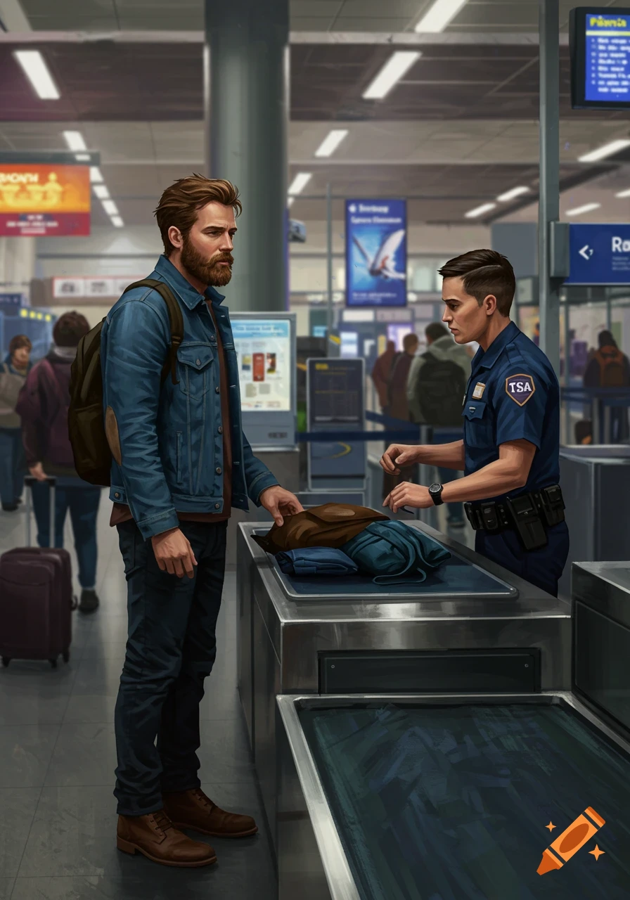 A bearded man being screened by a TSA agent at an airport security checkpoint in a stylized art style.