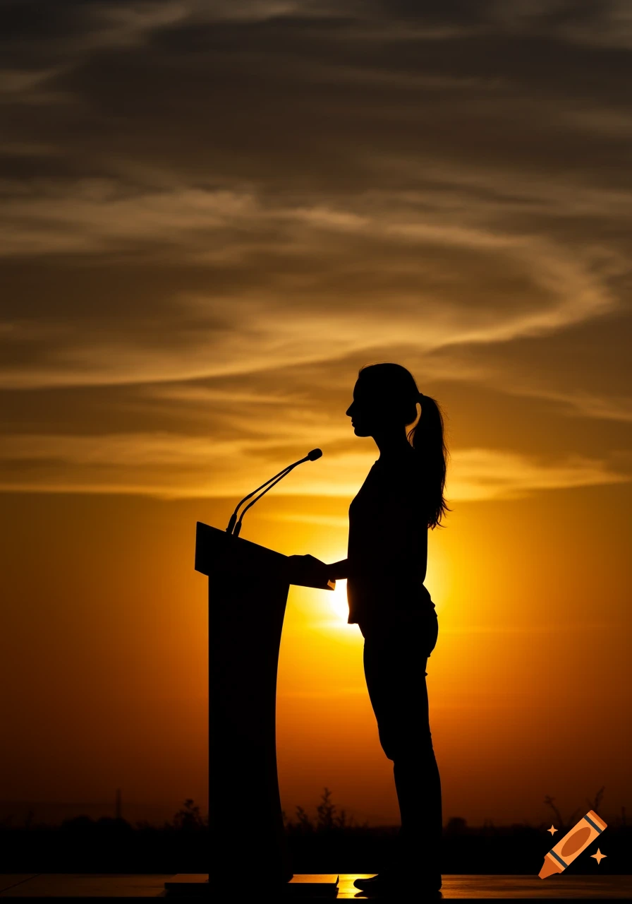 A silhouette of a woman with a ponytail speaking at a podium against a vibrant orange and yellow sunset.