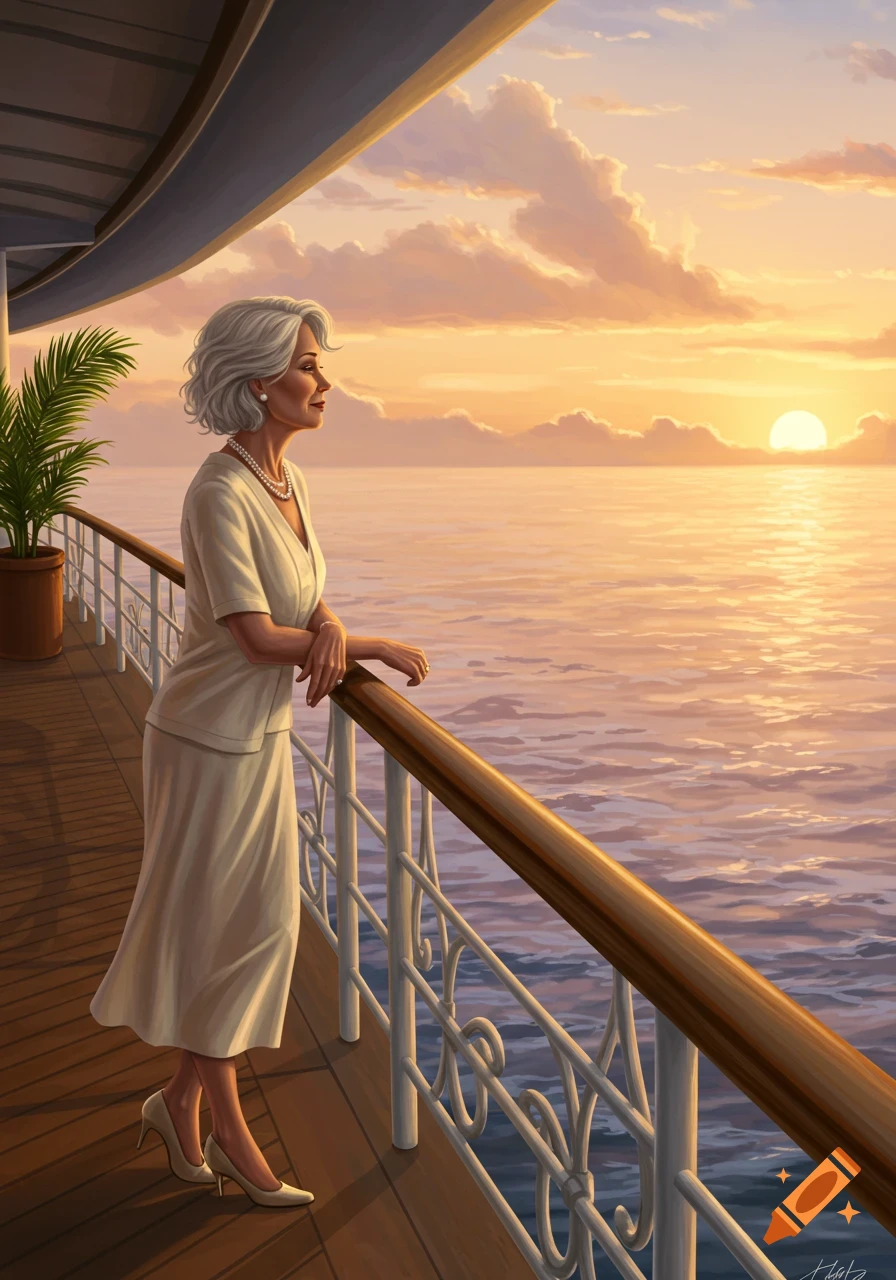 Digital painting of an older woman with gray hair standing on a cruise ship deck, gazing at a golden sunset over the ocean.