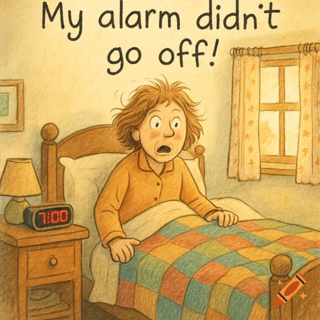A startled person with messy hair sits up in bed, looking surprised, with 'My alarm didn't go off!' text, in a children's book illustration.