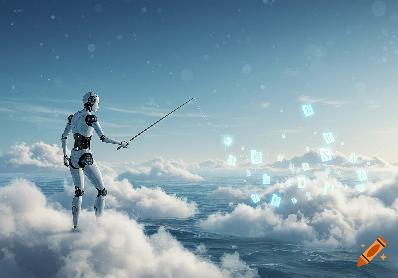 A robot stands on clouds, fishing for glowing digital file icons from a cloud-ocean under a blue sky, depicting cloud computing.