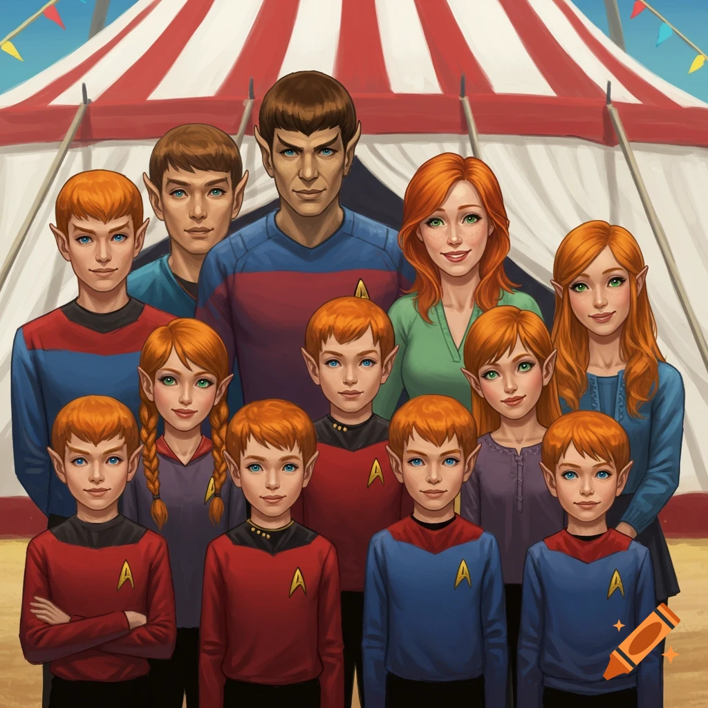 A large Vulcan-human family of ten, including eight children and two parents, stands in front of a red and white striped circus tent. They have pointed ears and orange-red hair.