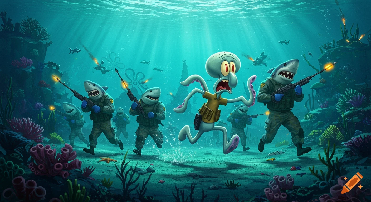 Cartoon Squidward runs in terror underwater, chased by anthropomorphic sharks in military uniforms firing harpoon guns.