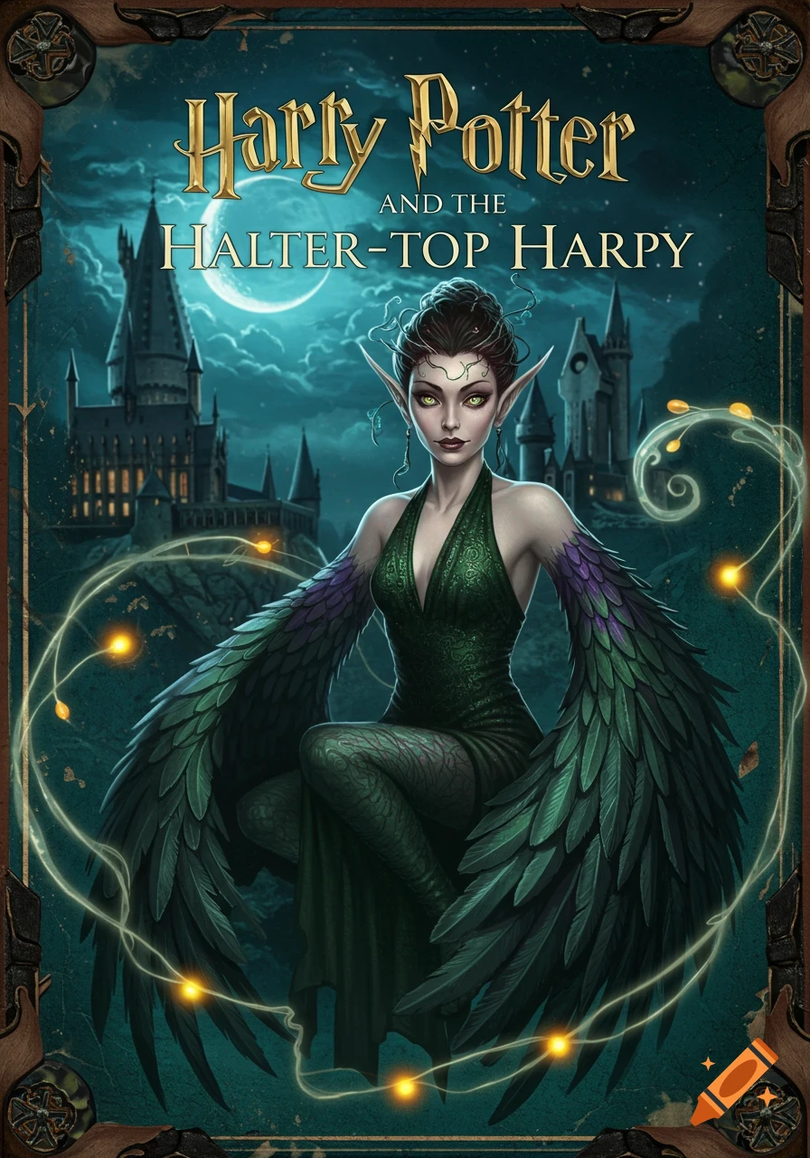 A fantasy book cover depicting a green-skinned harpy-elf woman with feather wings and long ears, in front of a castle under a moonlit sky.