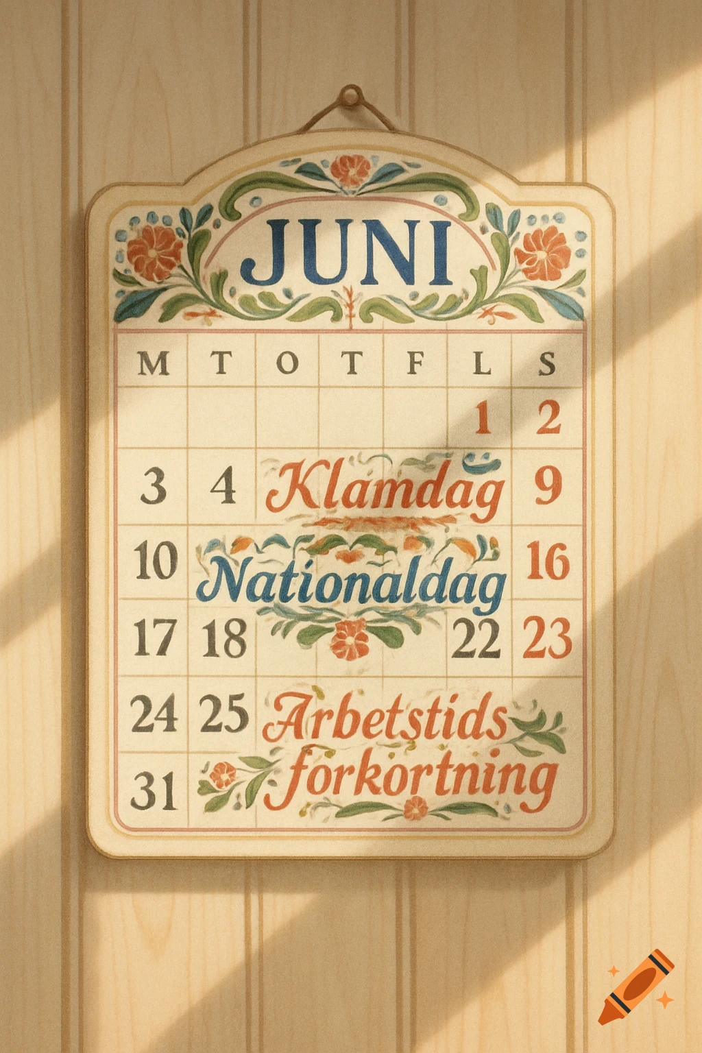 A decorative June calendar in a folk art style with Swedish text and floral designs, hanging on a light wooden wall.