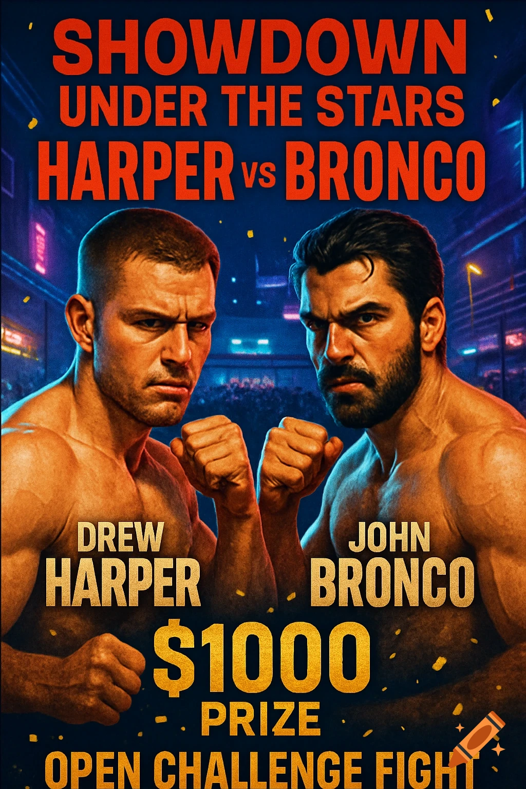 A fight poster shows two muscular male boxers, Drew Harper and John Bronco, facing each other with clenched fists under neon lights. Text advertises "SHOWDOWN UNDER THE STARS HARPER vs BRONCO" and a "$1000 PRIZE OPEN CHALLENGE FIGHT."